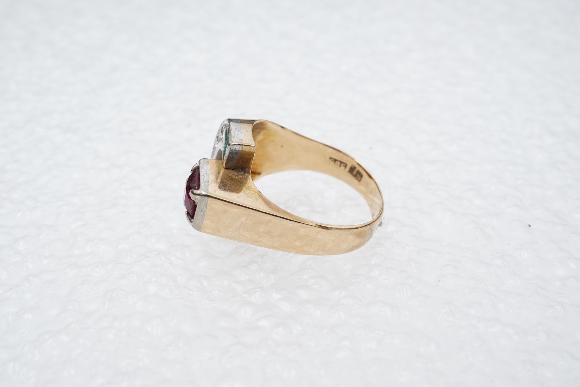 A ruby, emerald and diamond ring, mid 20th century